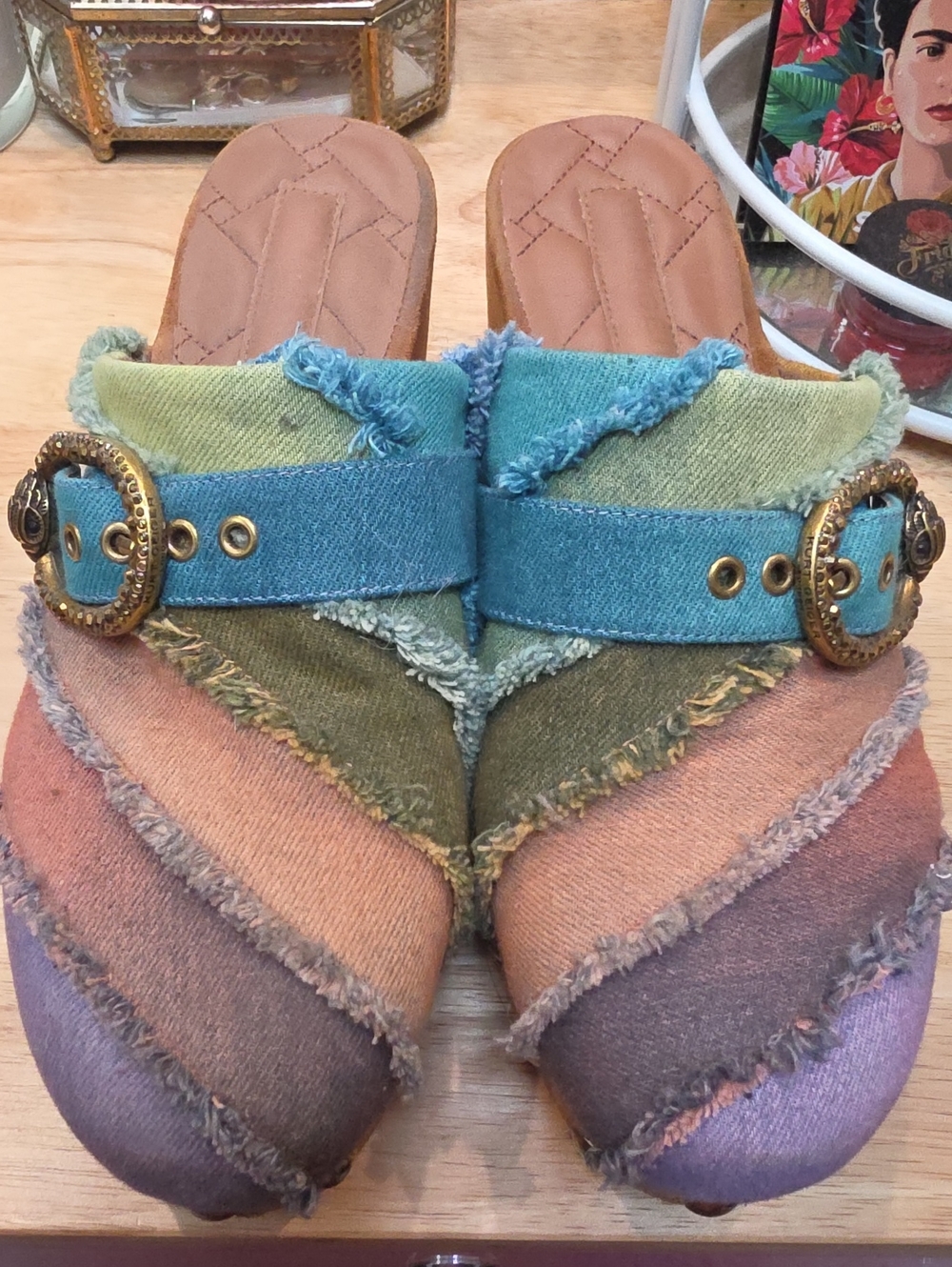 Kurt Geifer Multicolor Frayed Denim Slide Block Heels - Women's Casual Fashion - Picture 7 of 8